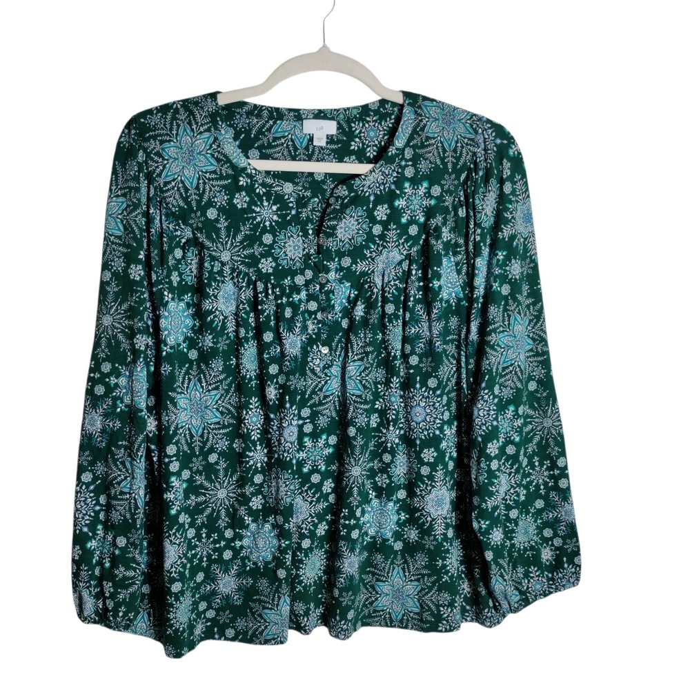 J. Jill Green Snowflake Print Modal Blend Blouse Plus Size 4X Long Sleeve Top